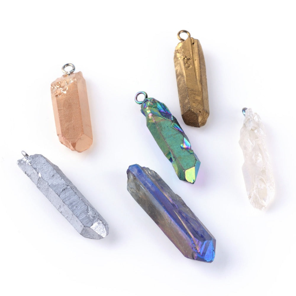 Electroplate Natural Quartz Point Shape Pendants,  0.30" x 1.5" Inch, 5 Pieces in a Pack, #086