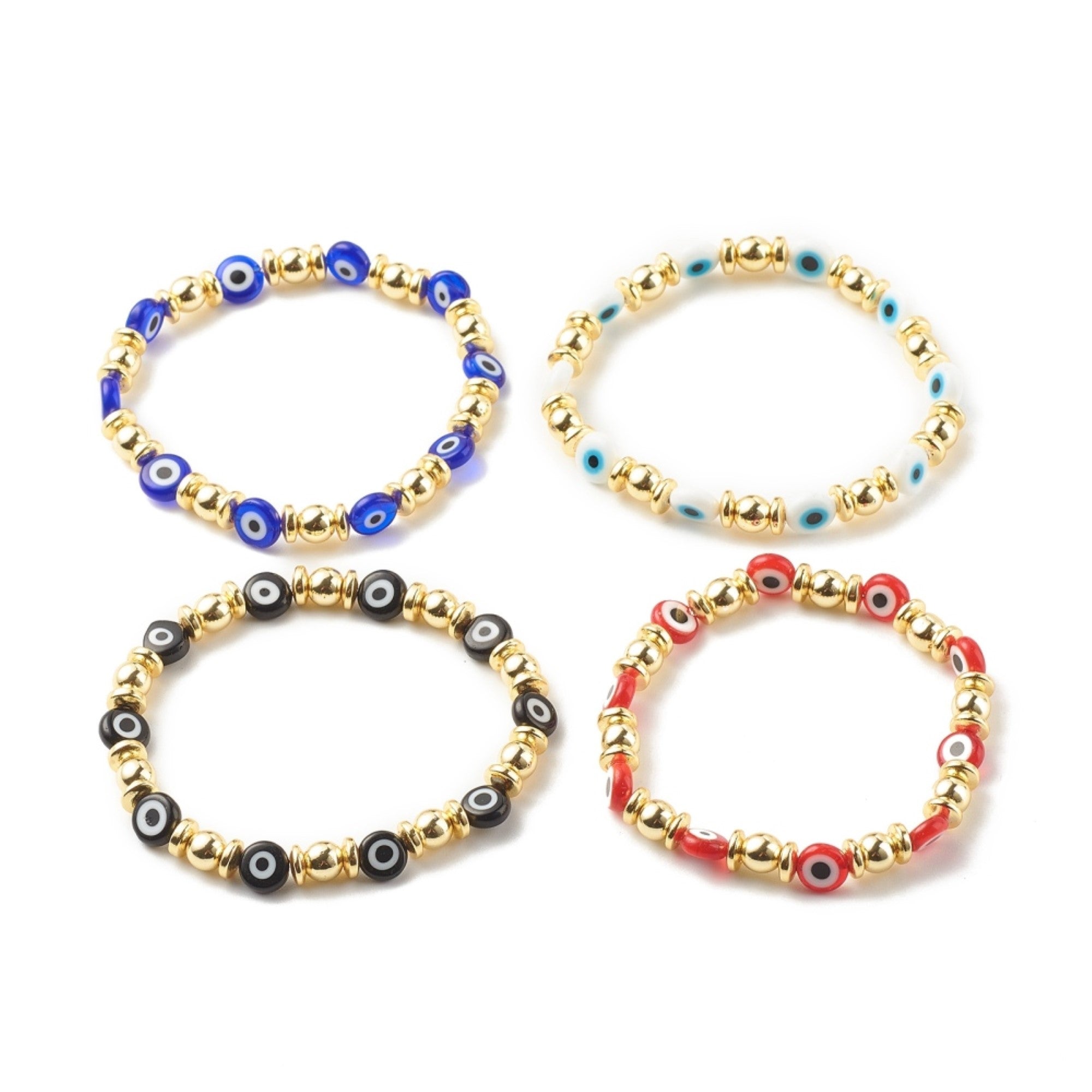 Evil eye Bracelet, with Lampwork Glass Beads, Gold Color, 8mm, Mix Color Pack, 5 Pieces in a Pack #433