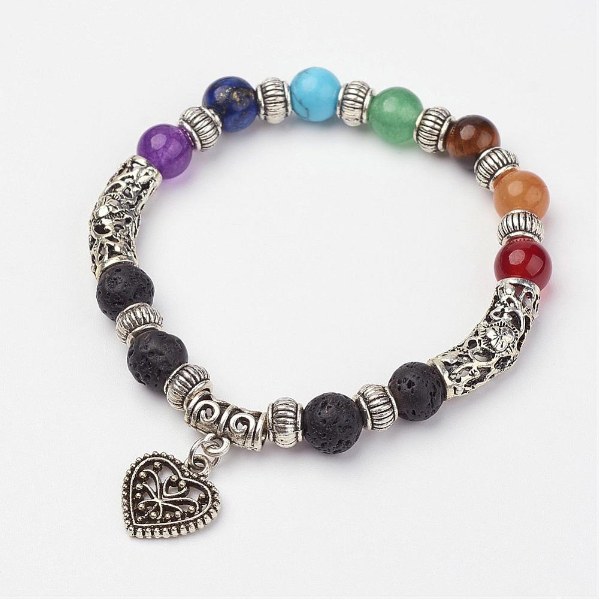 Lava Stone with Chakra Stones Bracelet, with Heart Shaped Charm, 8mm, 5 Pieces in a Pack #458