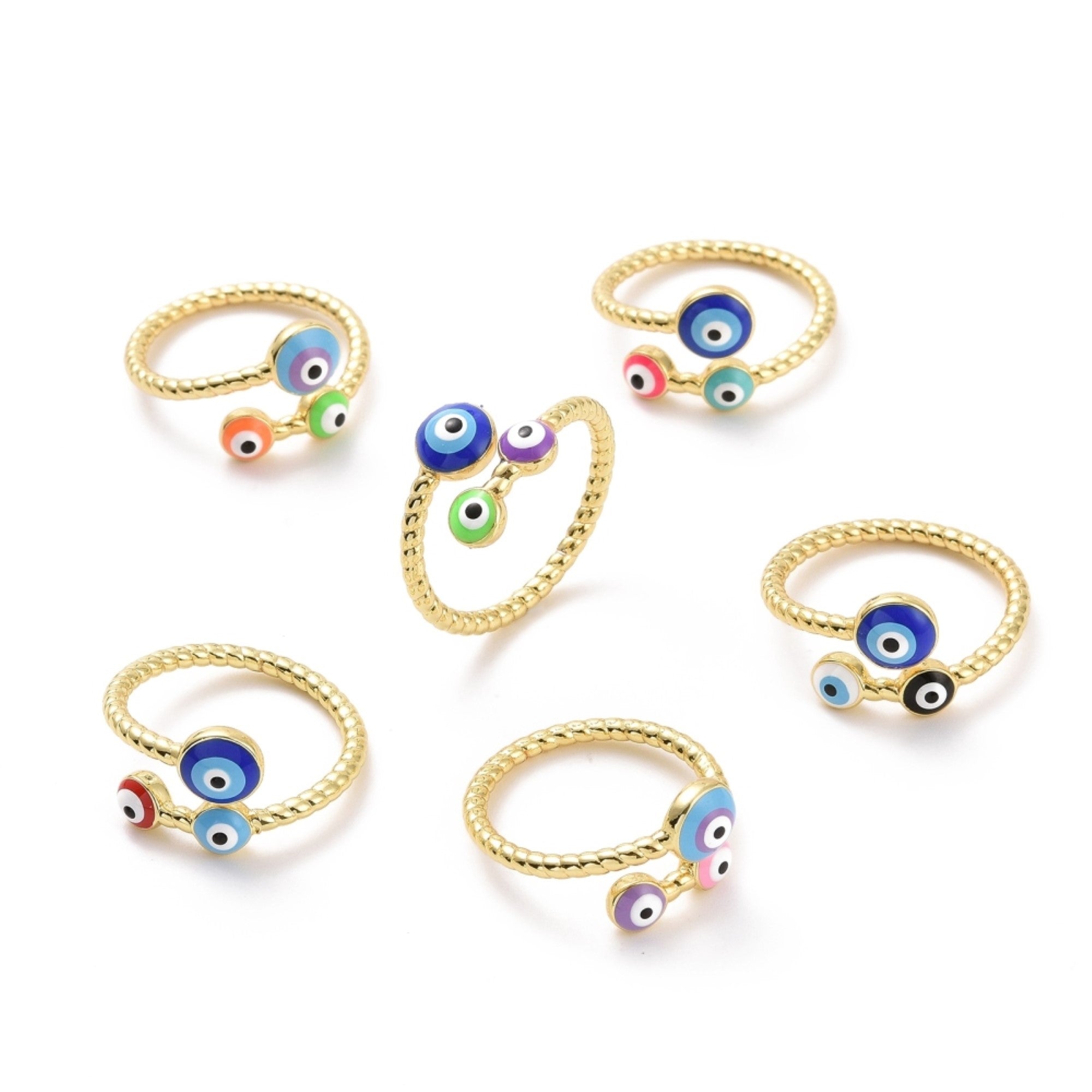 Evil Eye Open Cuff Ring, Light Gold Plated, Cadmium Free & Lead Free, US Size 8.5, Adjustable Size, 10 Pieces in a Pack, #0049