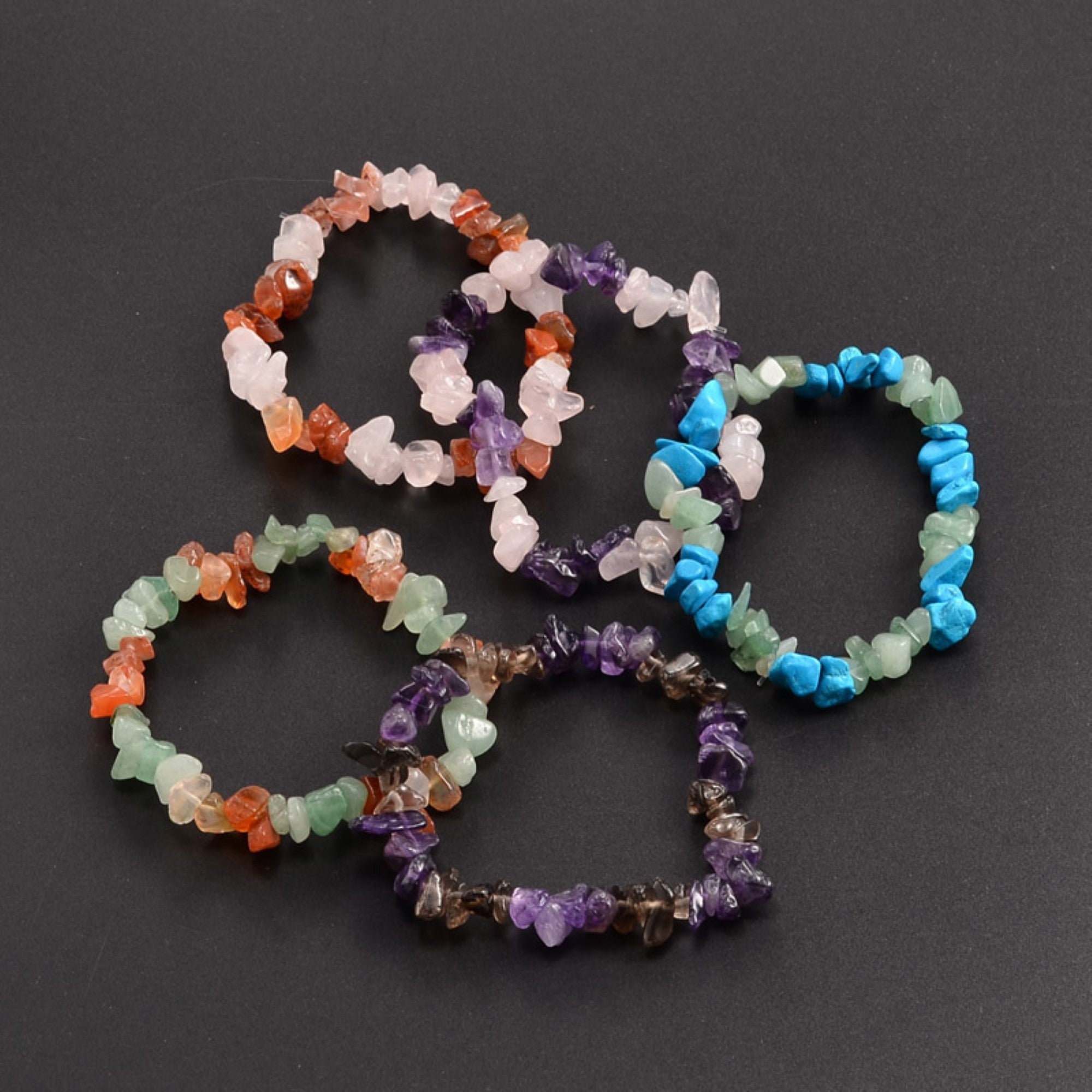 Natural Mixed Chip Stone Bracelet, Carnelian, Amethyst, Rose Quartz, Turquoise, Clear Quartz, Green Aventurine, Smoky Quartz, No Metal, Mix Pack, 5 Pieces in a Pack #058