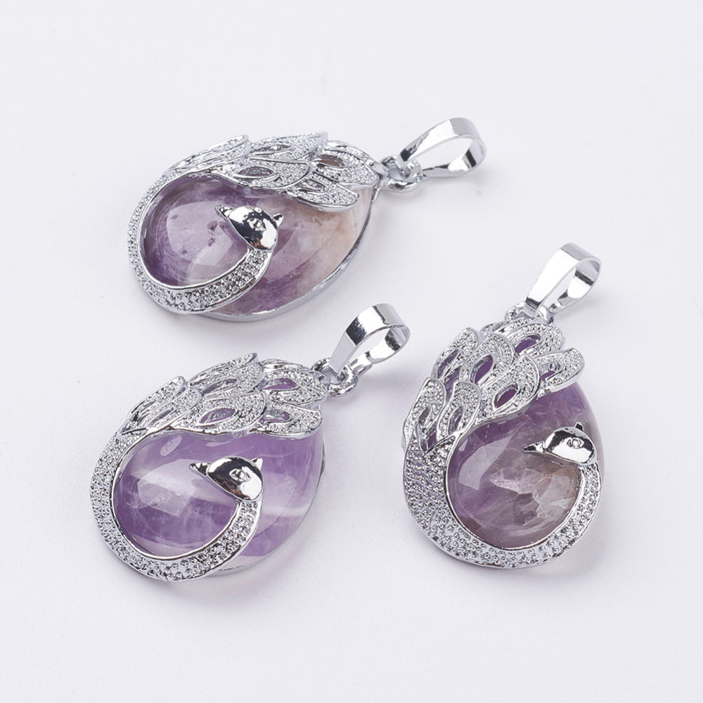 Amethyst Teardrop Shaped Pendant with Peacock, 5 Pieces in a Pack, #108