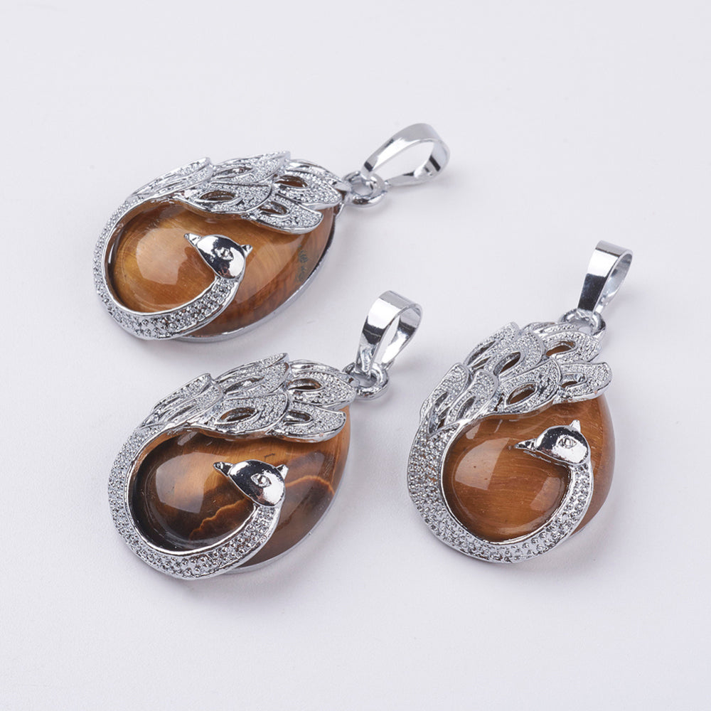 Tiger Eye Teardrop Shaped Pendant with Peacock, 5 Pieces in a Pack, #96