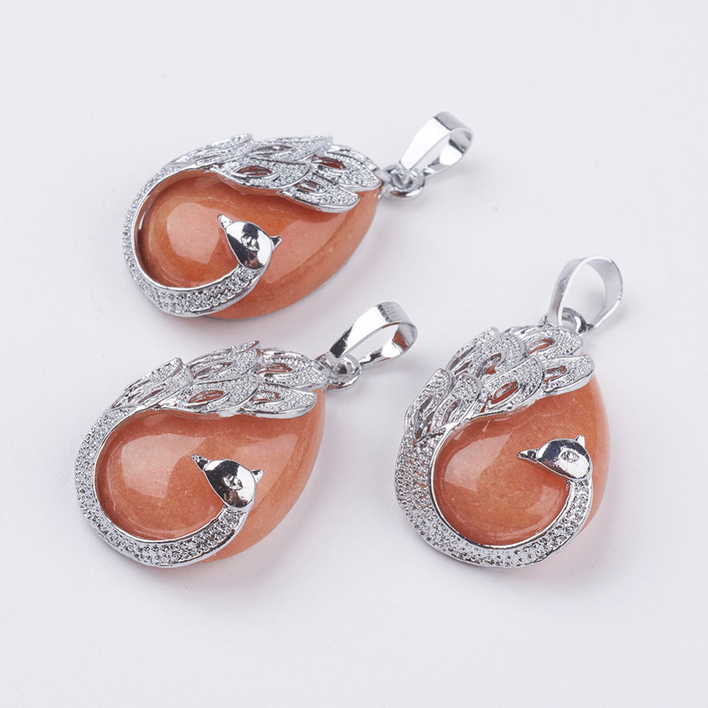 Red Aventurine Teardrop Shaped Pendant with Peacock, 5 Pieces in a Pack, #104