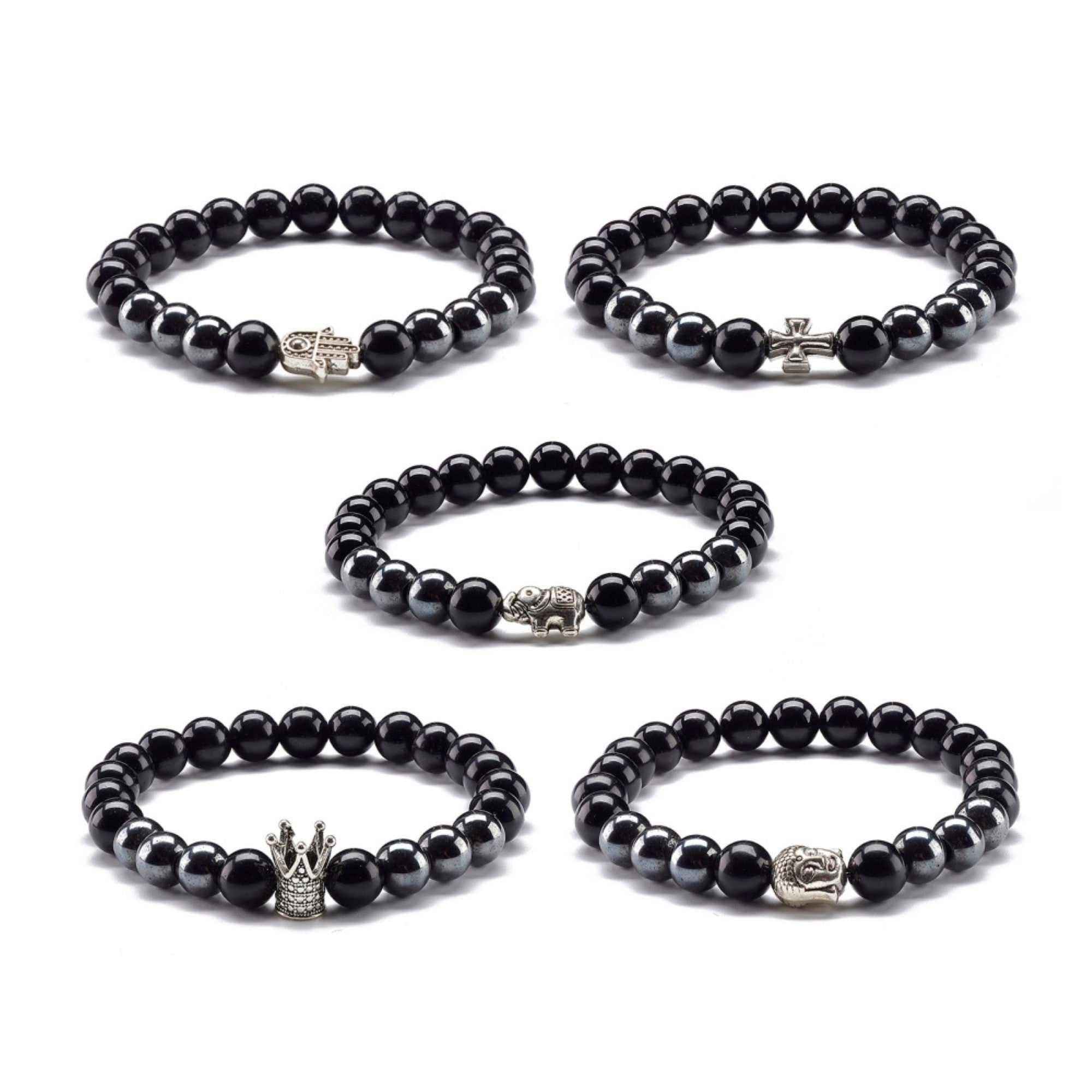 Black Obsidian Bracelet, with Assorted Figure Alloys, Silver Color, 8mm, 5 Pieces in a Pack #442