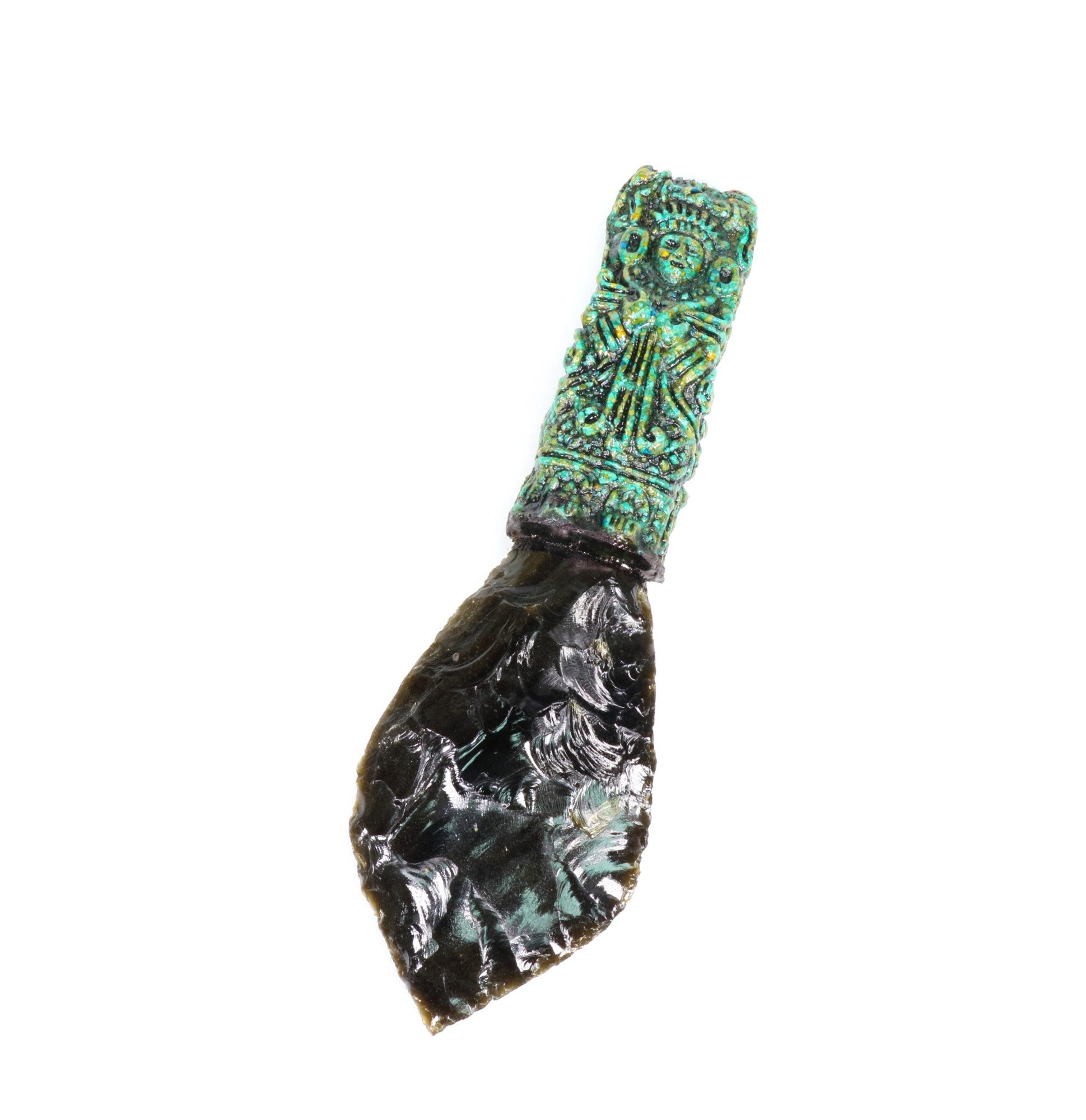 Aztec Inspired Obsidian-Malachite Ritual Knife, 8"-10" inch, 1 Piece, #005